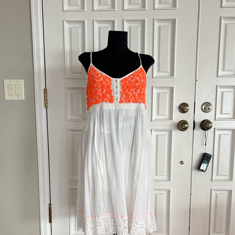 Free People White and Orange Lace Babydoll Dress